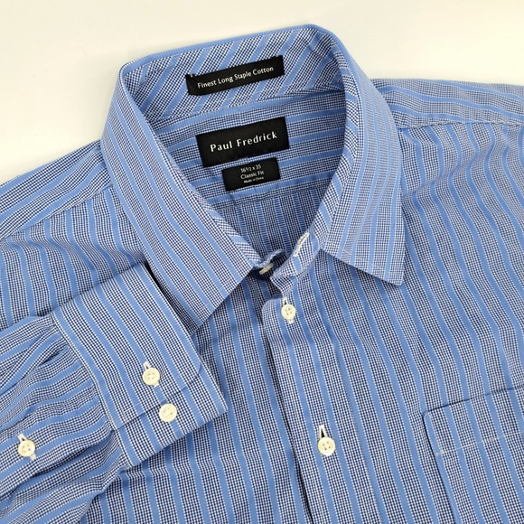 Paul Fredrick Other - Paul Fredrick Classic Fit Dress Shirt Mens 16.5 x 35 Cotton Blue Striped Check